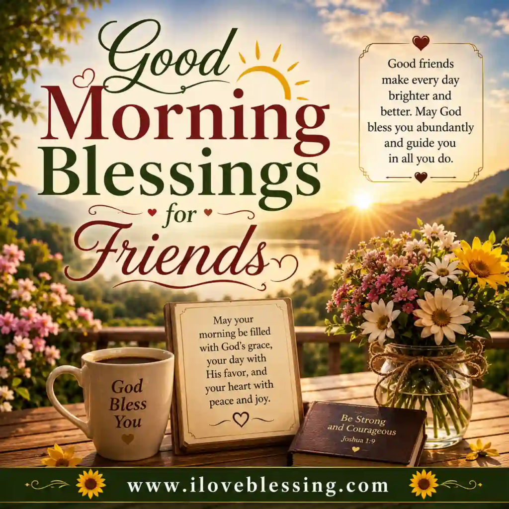 Good Morning Blessings for Friends graphic with sunrise lake view, flowers, coffee mug, and peaceful inspirational wishes.
