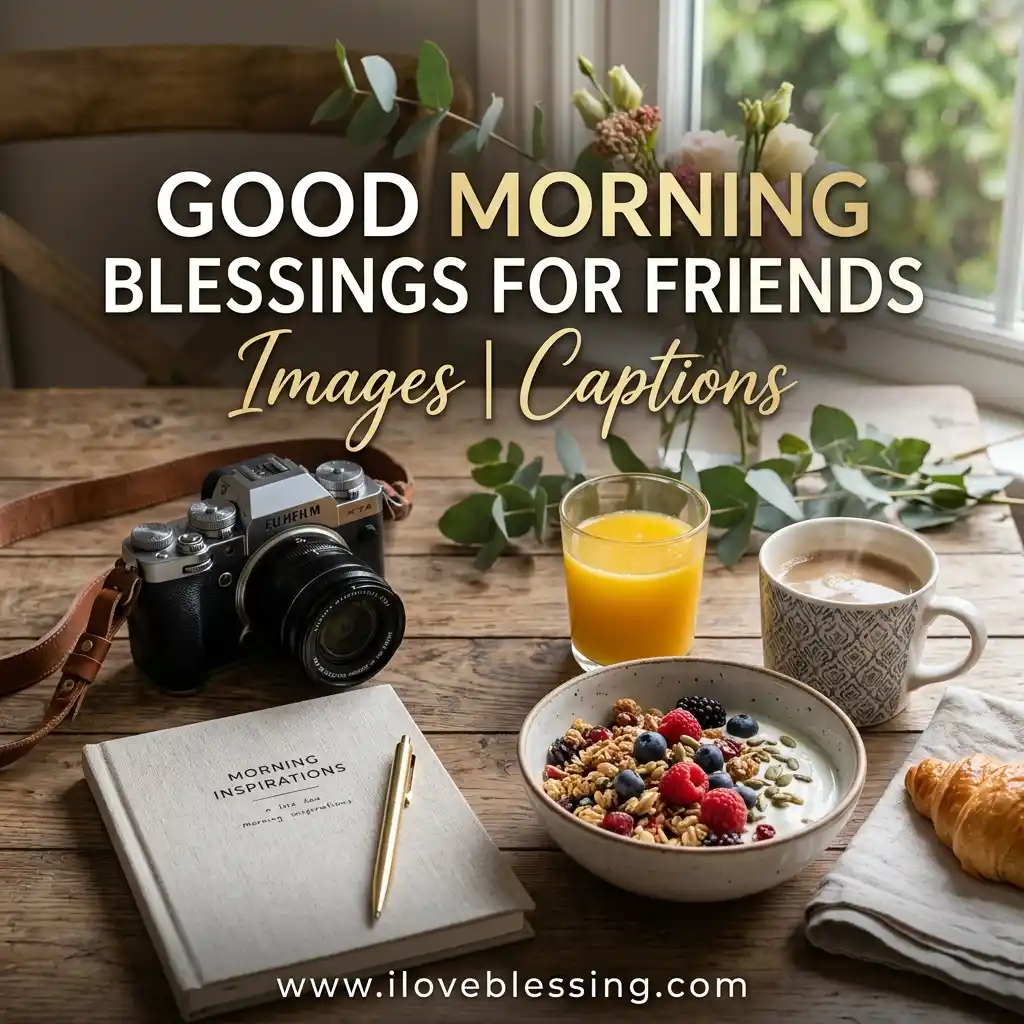 Cozy breakfast setting with cereal, berries, coffee, and orange juice on a wooden table. A camera, notebook, and greenery add warmth and inspiration.