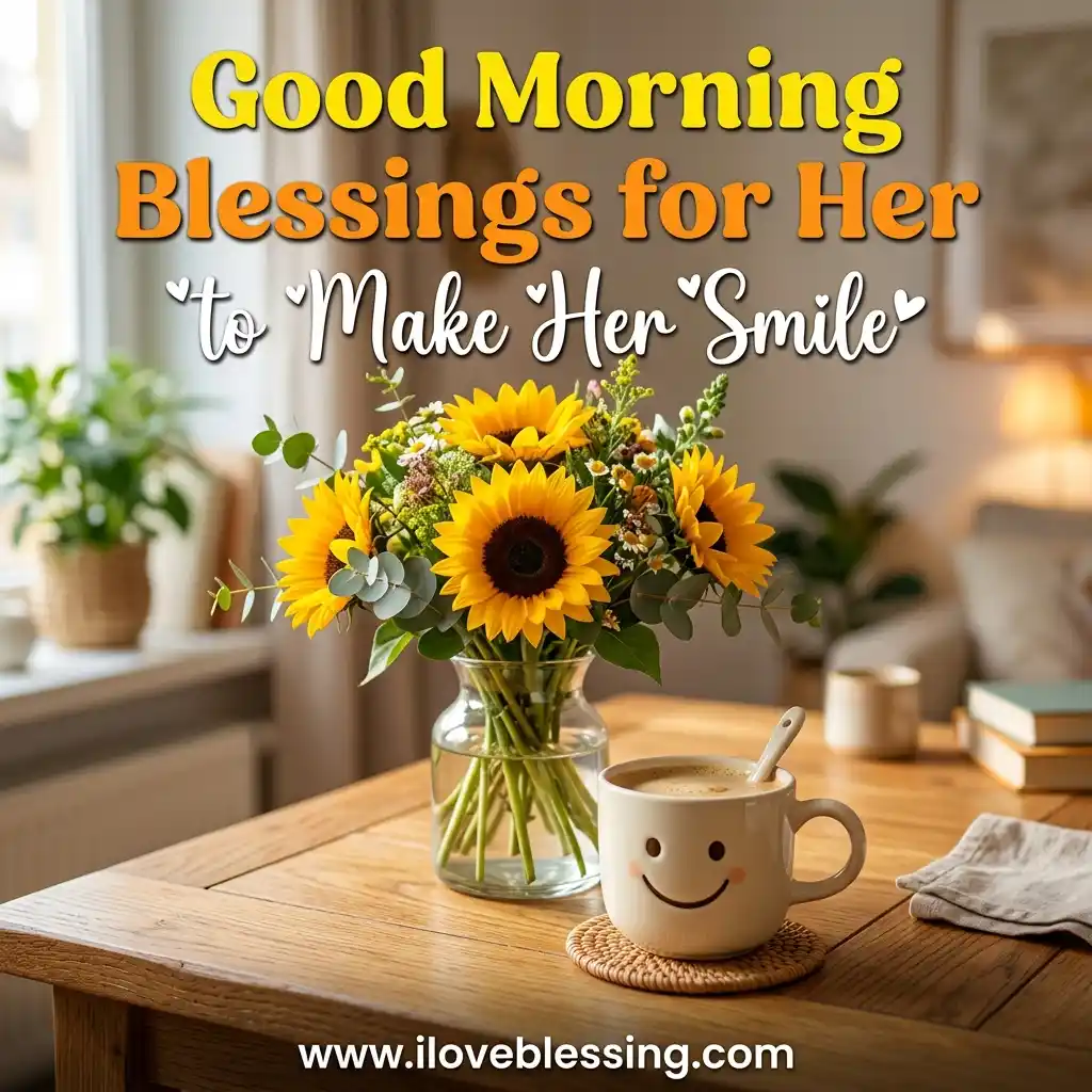 A cozy scene features sunflowers in a vase and a smiley face mug on a wooden table. Text reads: "Good Morning Blessings for Her to Make Her Smile." A warm, inviting atmosphere.