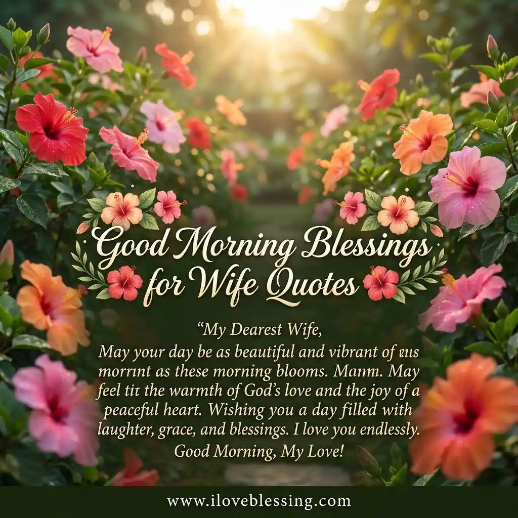 Vibrant orange, pink, and red hibiscus flowers surround a morning blessing quote for a wife, set against a sunlit, lush garden background.