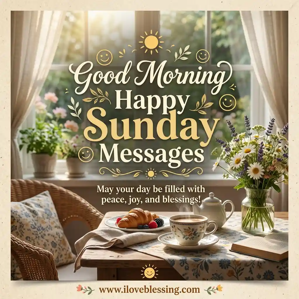 Cozy Sunday morning scene with flowers, a sunny window, tea, and pastries.