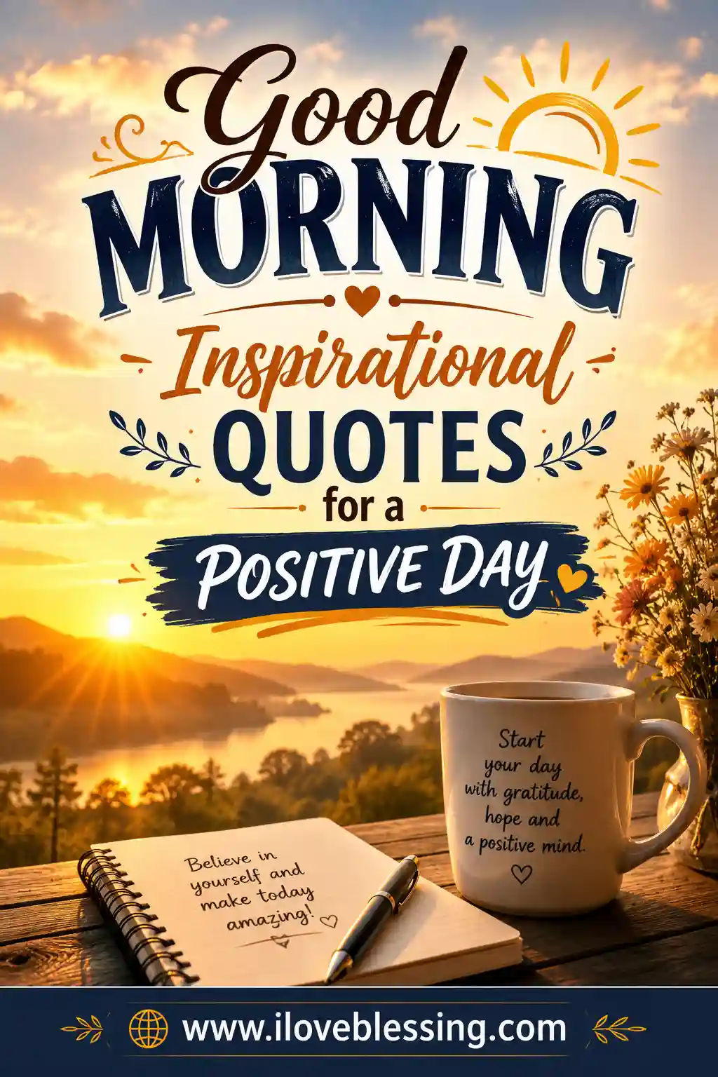Golden sunrise over lake and hills with stylish quote text, flowers, coffee mug, notebook, and footer