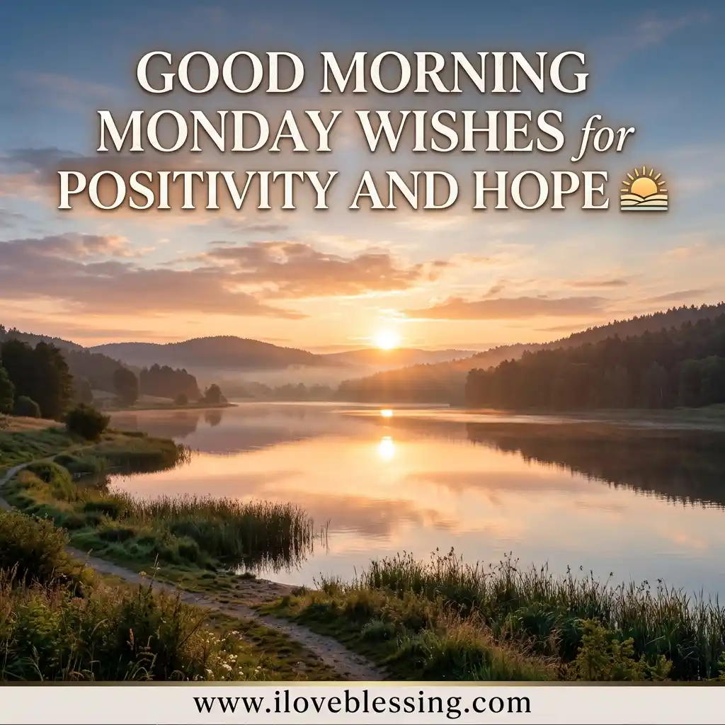 Sunrise over a serene lake with lush green shores, misty hills, and a glowing sky. Text reads: "Good Morning Monday Wishes for Positivity and Hope."