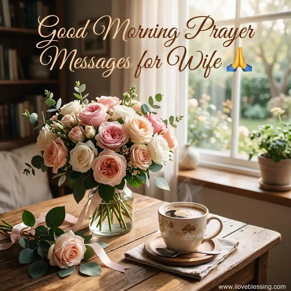 A cozy morning scene with a bouquet of pink and white roses on a wooden table beside a steaming cup of coffee, near a sunlit window. Text reads, "Good Morning Prayer Messages for Wife" with a prayer emoji, conveying warmth and affection.