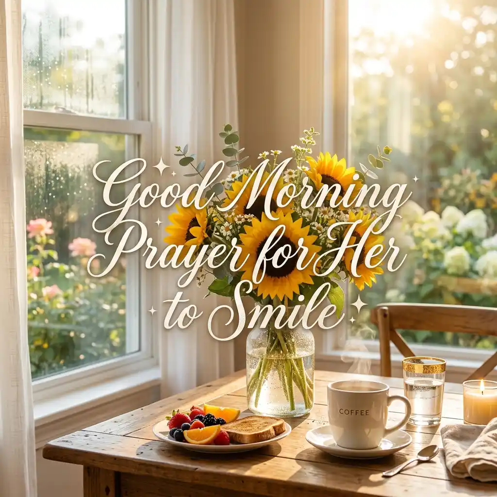 Bright morning scene featuring a vase of sunflowers, toast and fruit breakfast, a coffee cup, and the cursive text "Good Morning Prayer for Her to Smile" overlayed.