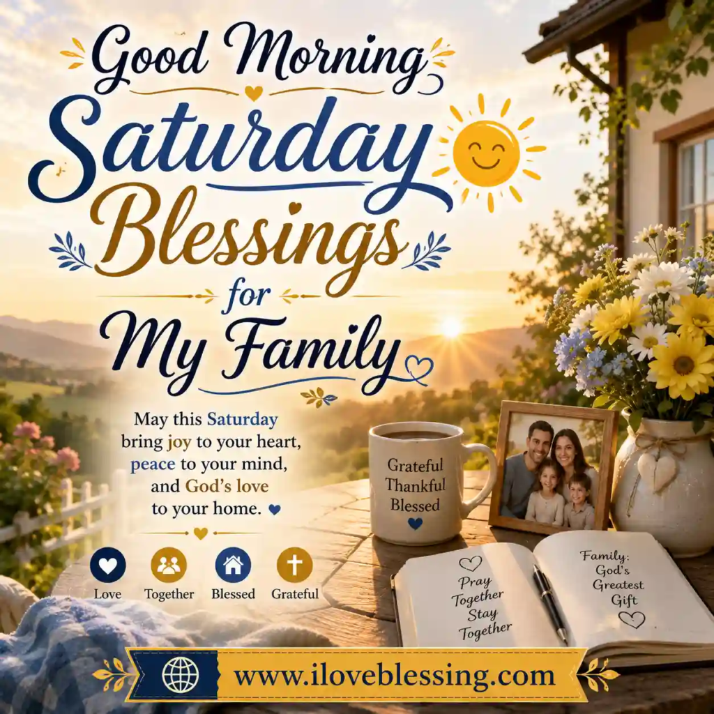 Sunny, cheerful image with "Good Morning Saturday Blessings for My Family" text. A warm, rustic table setting with flowers, coffee, and a family photo.