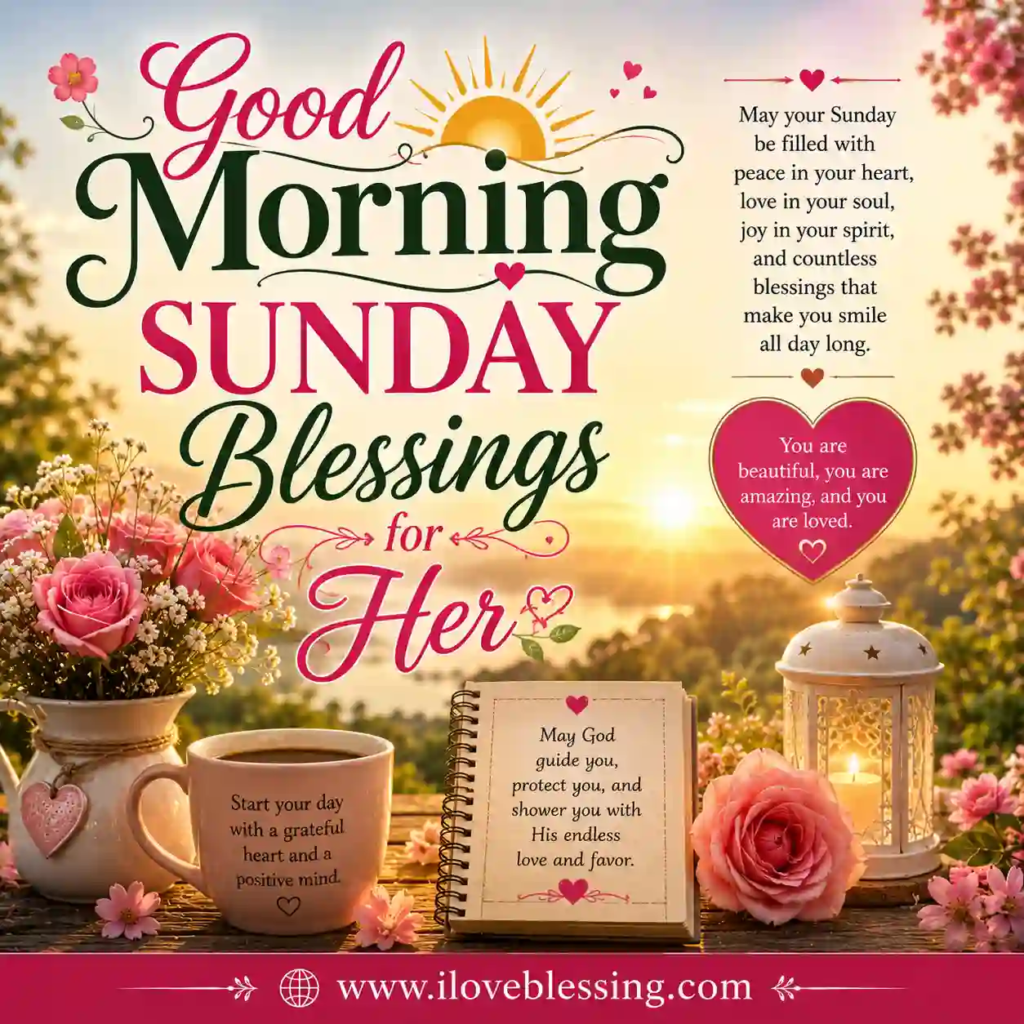 A warm, uplifting Sunday morning greeting featuring pink roses, a cup of coffee, a glowing lantern, and heartfelt blessings. The scene is serene with a sunrise and nature elements, evoking peace and love.