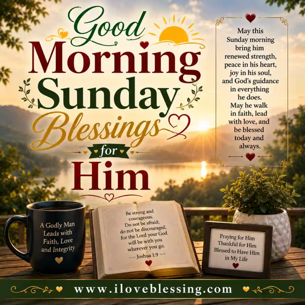 "Good Morning Sunday Blessings for Him" text over a scenic sunrise. A mug and open Bible rest on a table, conveying warmth, faith, and serenity.