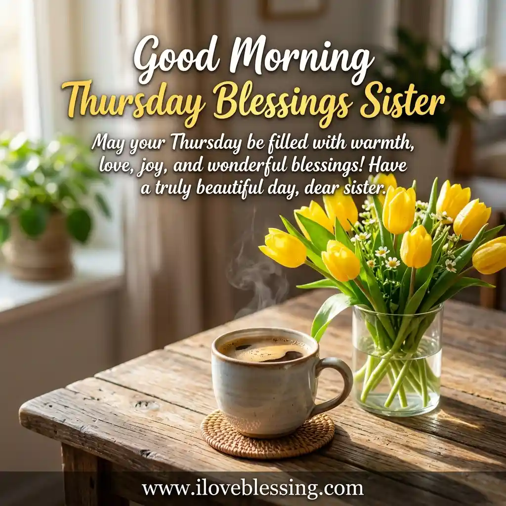A cozy wooden table with a steaming cup of coffee and a vase of yellow tulips, set by a sunny window. Text reads, "Good Morning Thursday Blessings Sister."