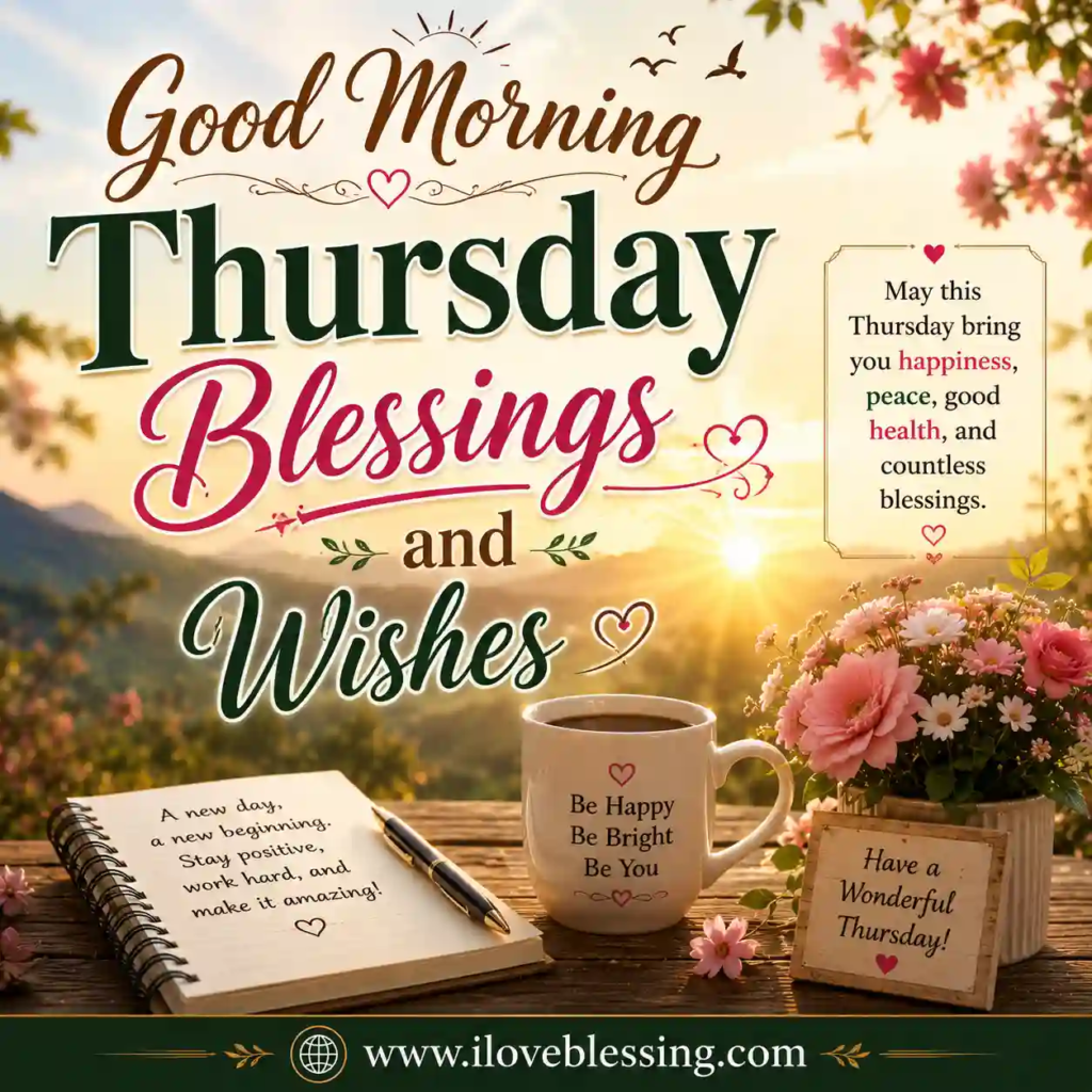 Features a notebook, coffee mug, flowers, and a sign wishing a wonderful Thursday.