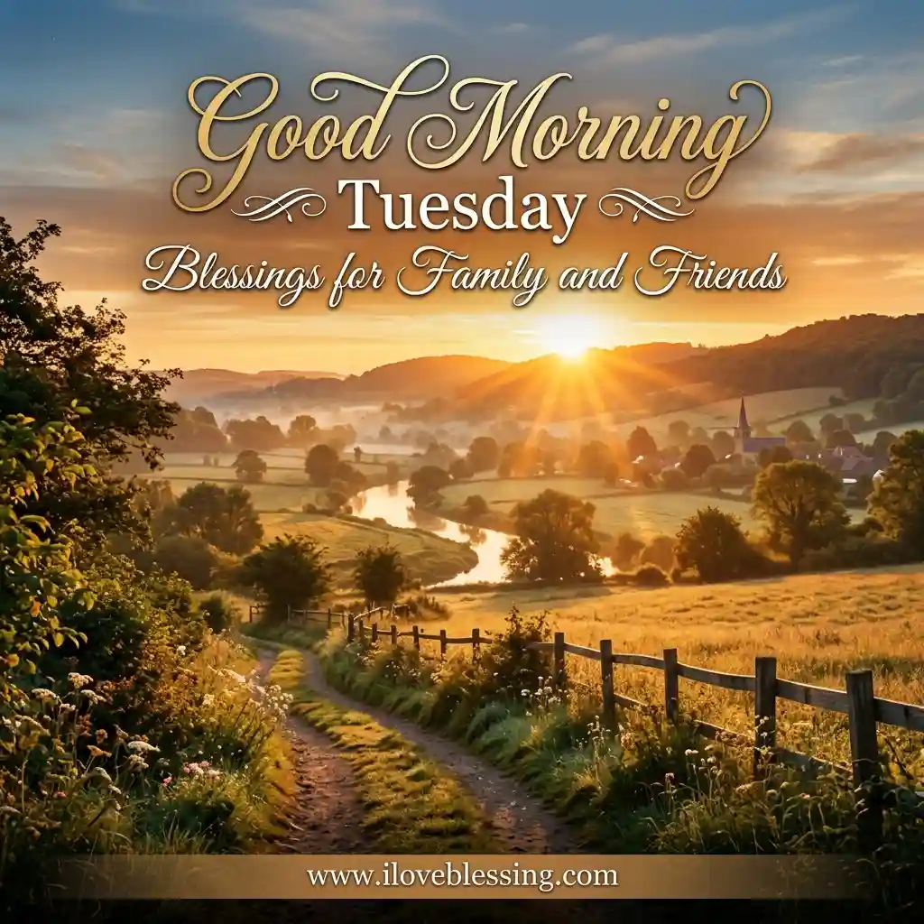 Sunrise over a scenic countryside with a winding path and lush fields. Text says "Good Morning Tuesday, Blessings for Family and Friends." Peaceful tone.