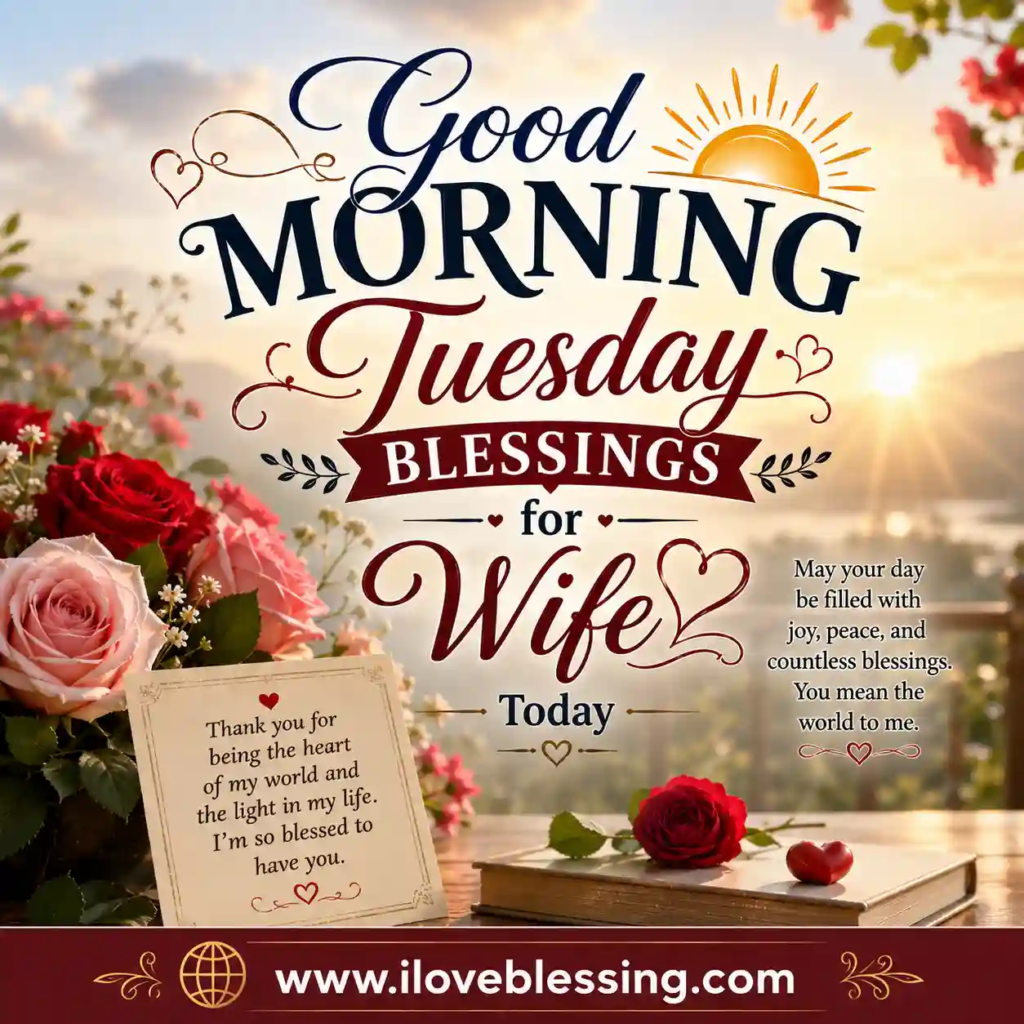 Romantic sunrise scene with roses, heartfelt note, elegant blessing text for wife, soft floral background