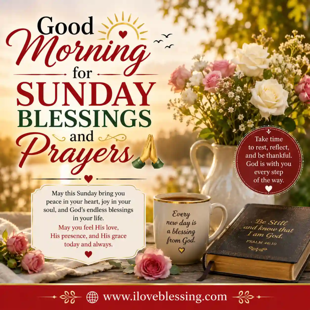 Sunday morning blessings image with sunrise, flowers, Bible, coffee, and Good Morning for Sunday Blessings and Prayers text.