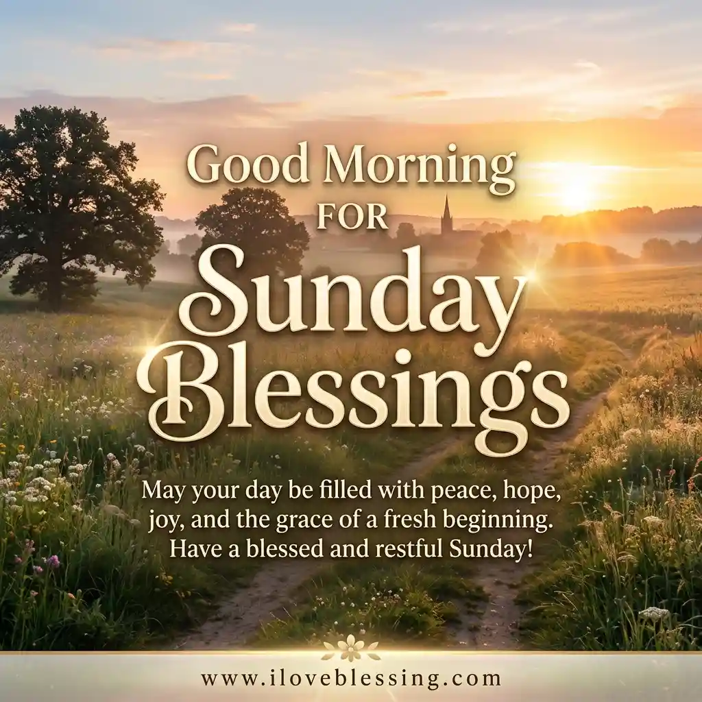 Sunrise over a serene, grassy landscape with a path and trees, featuring the words “Good Morning for Sunday Blessings” and a positive Sunday message.