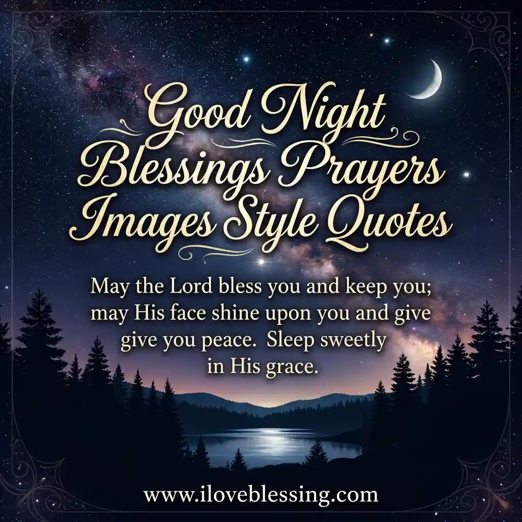 Starry night sky with crescent moon above a serene lake and silhouetted trees.