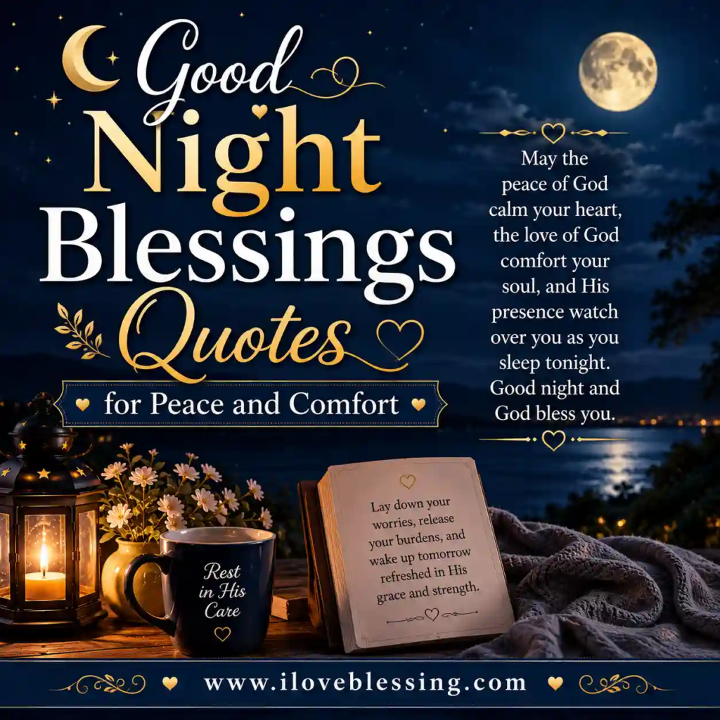 Peaceful good night blessings graphic with moonlit lake, glowing lantern, cozy blanket, flowers, and comforting faith-filled quotes.
