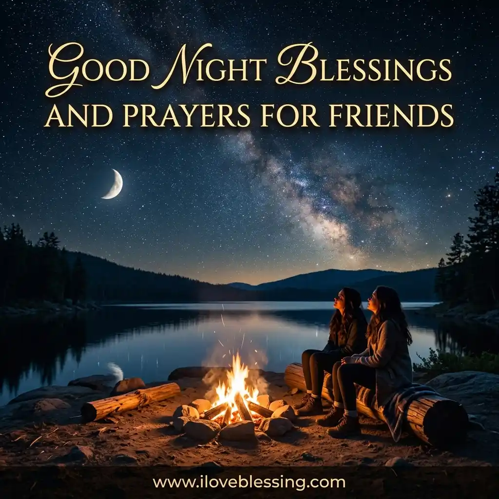 Two friends sit by a campfire at night near a lake, gazing up at the moon and the Milky Way, with text reading "Good Night Blessings and Prayers For Friends."