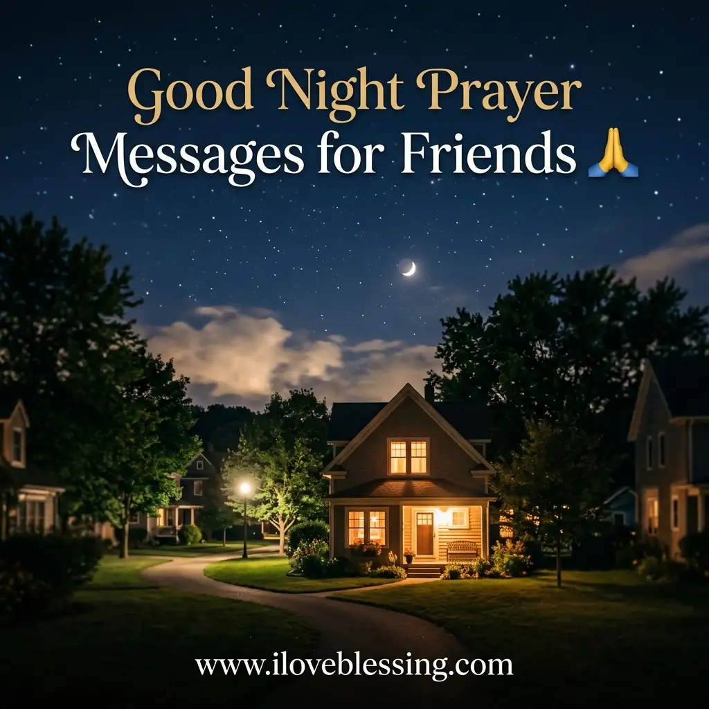Suburban houses at night under a starry sky with a crescent moon, overlaid with the text "Good Night Prayer Messages for Friends."