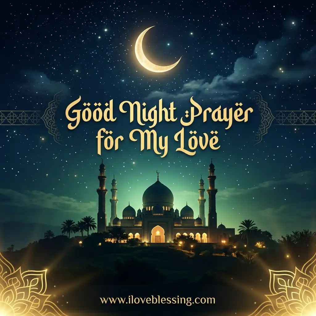 Night sky with stars and crescent moon above an illuminated mosque with minarets. Text reads “Good Night Prayer for My Love” in ornate font.