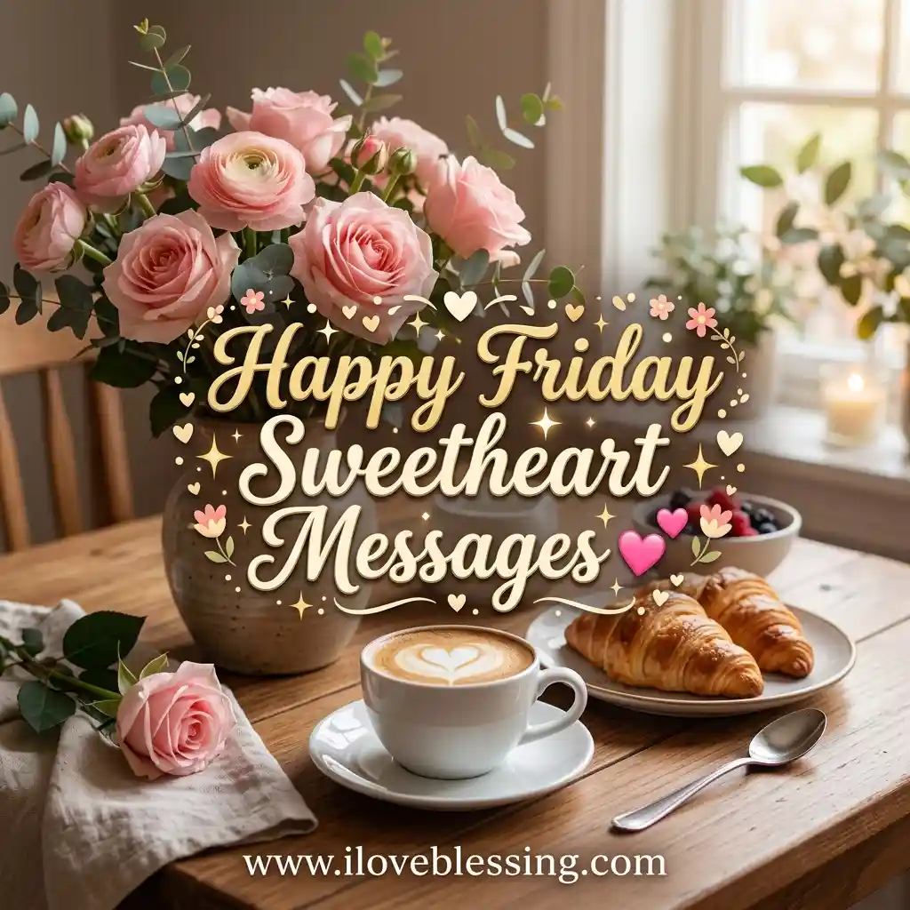 A breakfast scene with a bouquet of pink roses, a latte with heart art, croissants, and the overlay text "Happy Friday Sweetheart Messages."