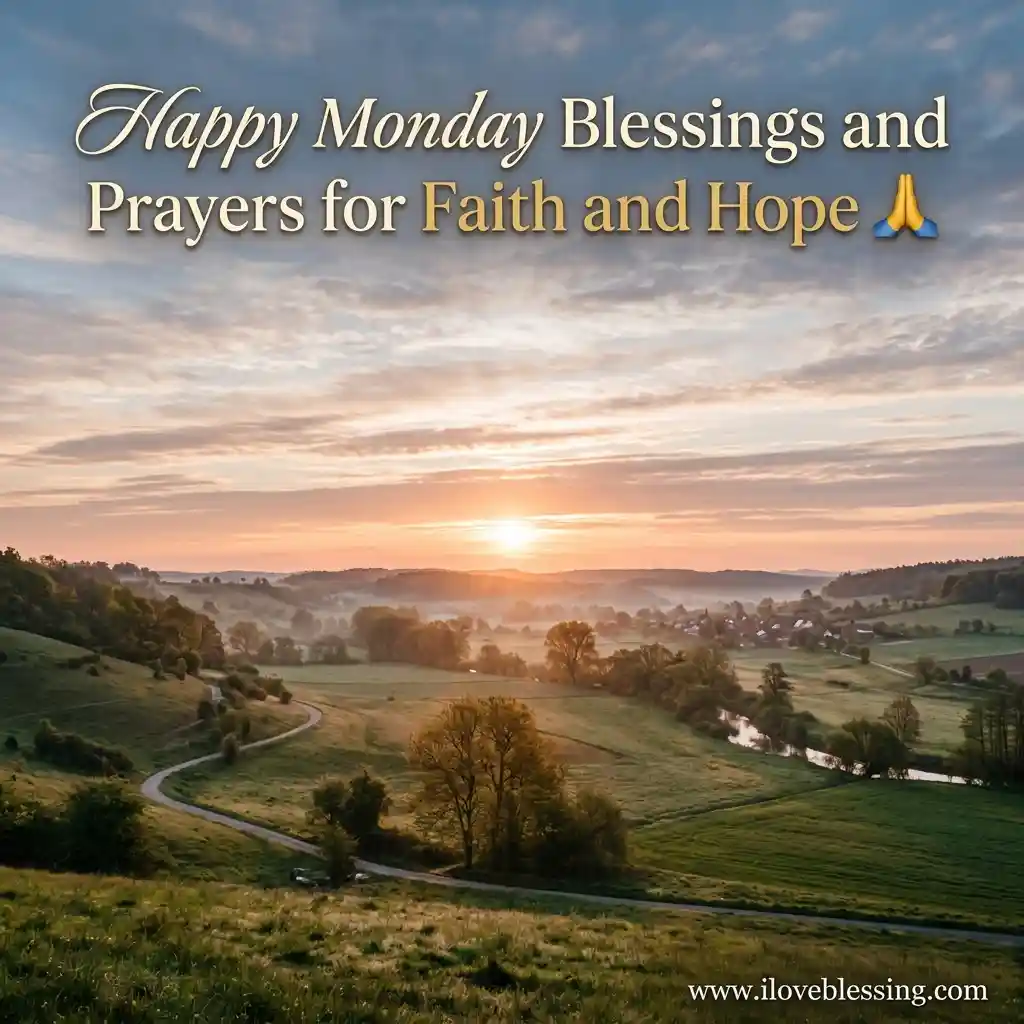 Serene sunrise over rolling hills with trees, a winding path, and a distant village. Text says "Happy Monday Blessings and Prayers for Faith and Hope."