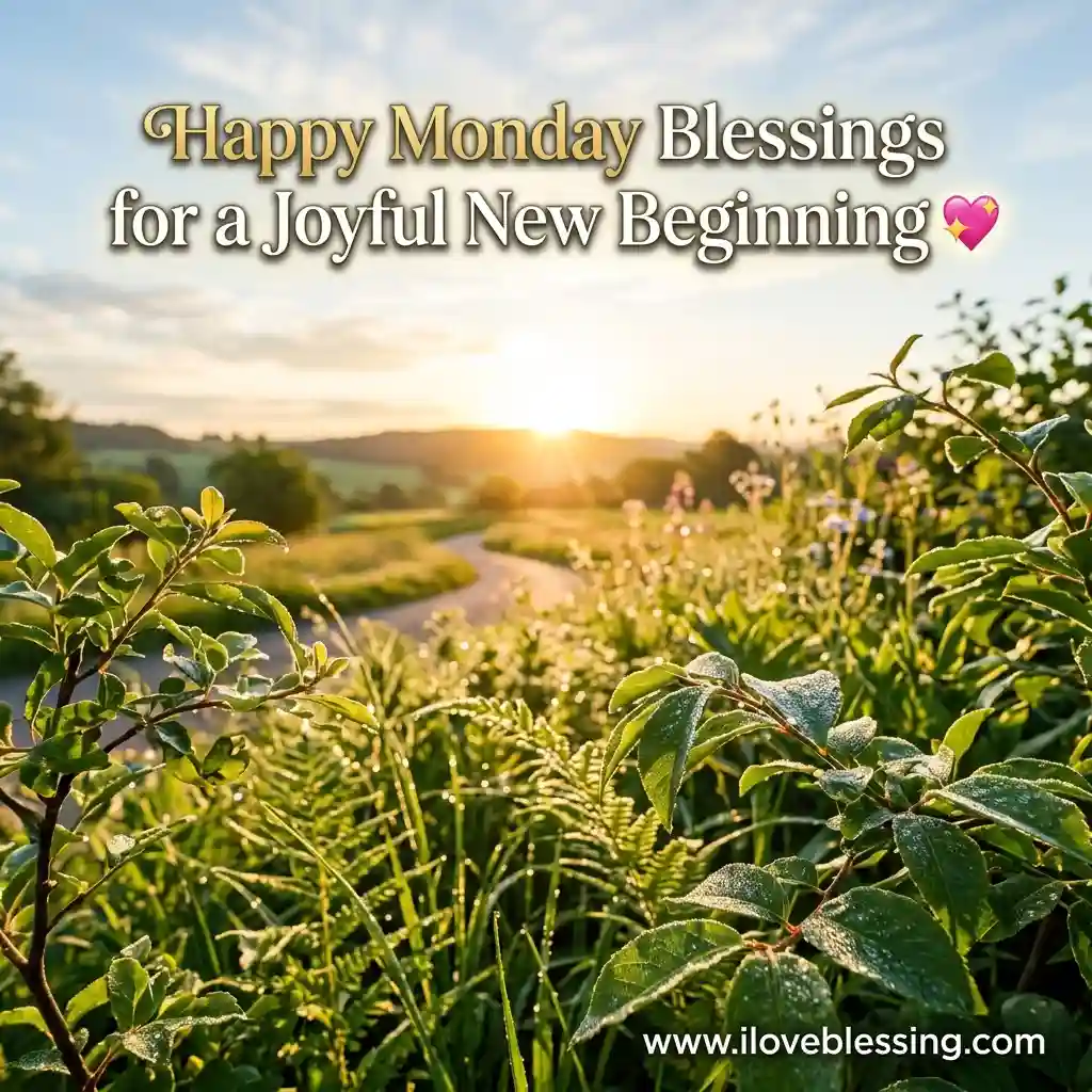 Sunrise over a lush green landscape with dew-covered plants. Text reads, "Happy Monday Blessings for a Joyful New Beginning" with a heart emoji.