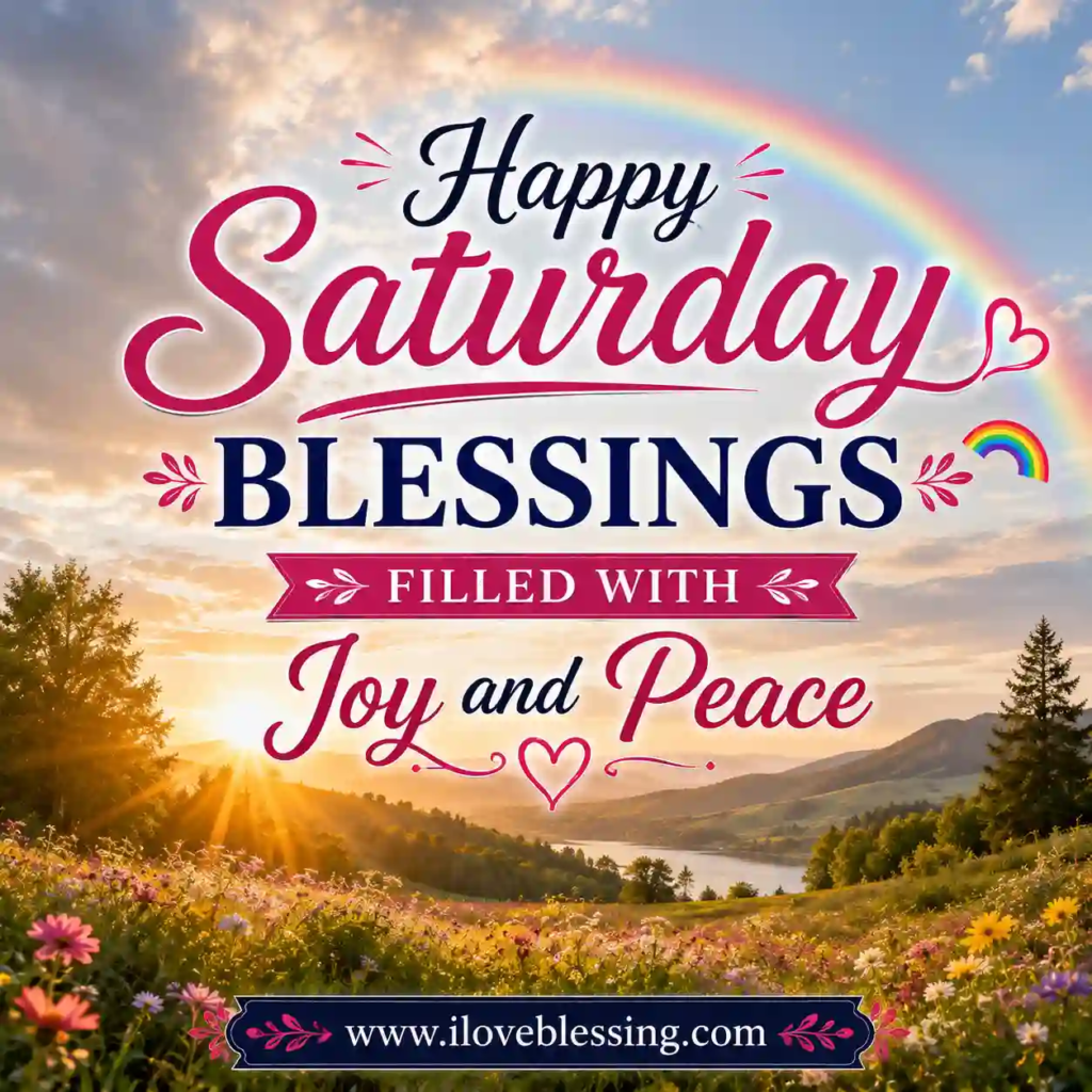 Colorful Saturday blessings image with rainbow, flower meadow, glowing sunrise, peaceful hills, and joyful inspirational typography.