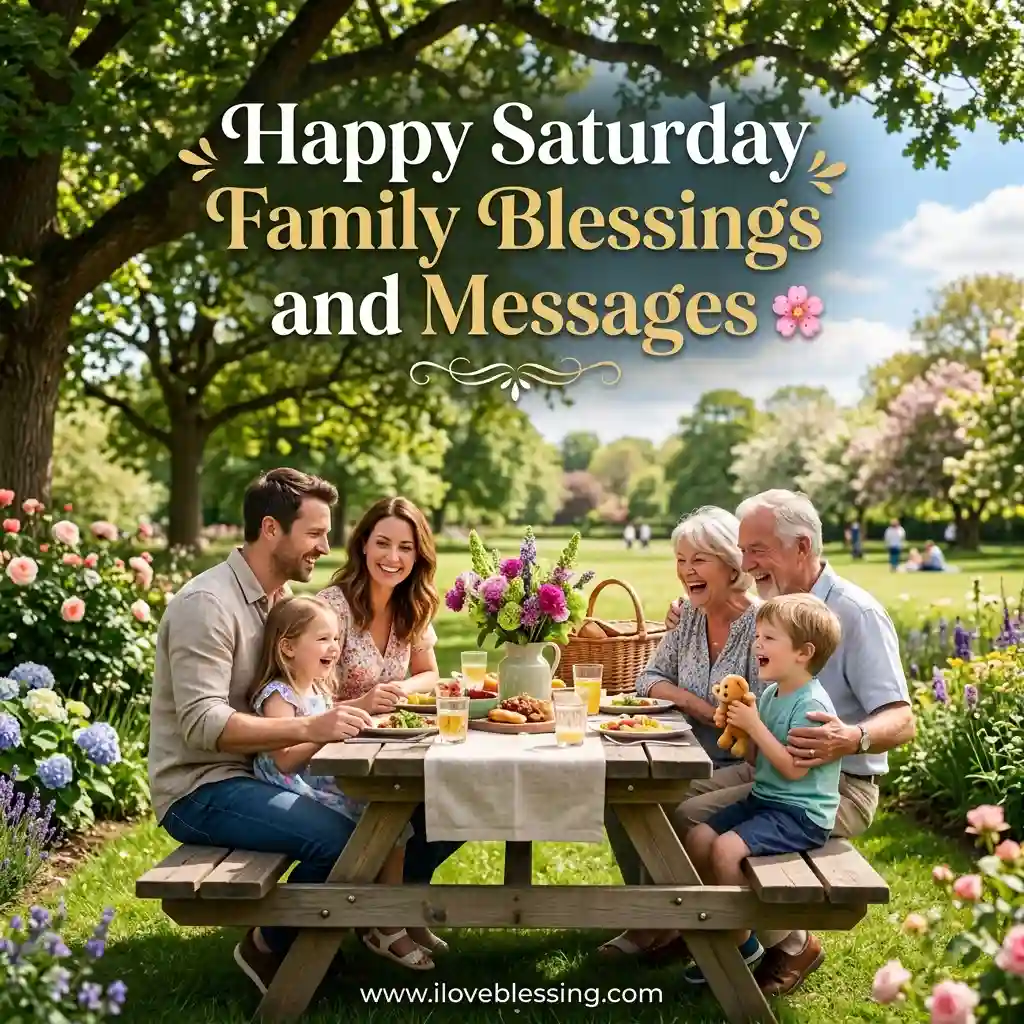 A family of six enjoys a picnic at a wooden table in a sunlit park, surrounded by blooming flowers. The scene conveys warmth and happiness.