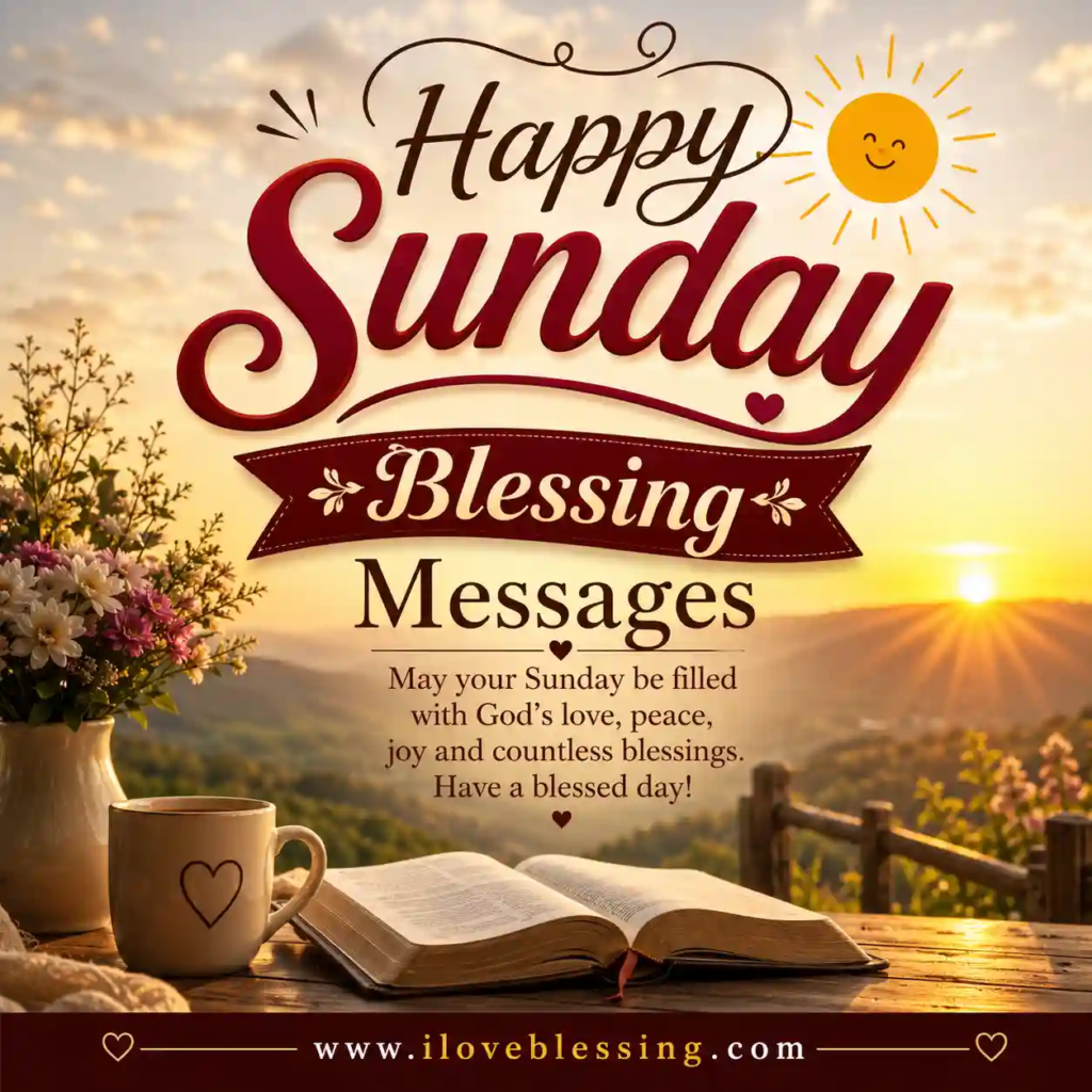 Golden sunrise over peaceful hills with flowers, coffee mugs, and an open Bible beside stylish Happy Sunday Blessing Messages text design.