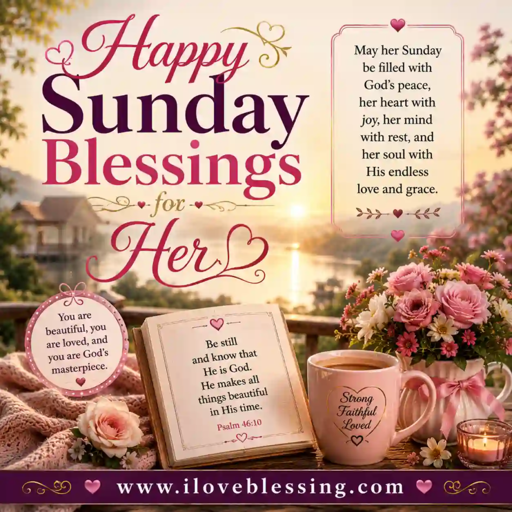 A serene morning setting with flowers, a cup of coffee, and an open book by a lake. Text reads "Happy Sunday Blessings for Her" with messages of peace and love.