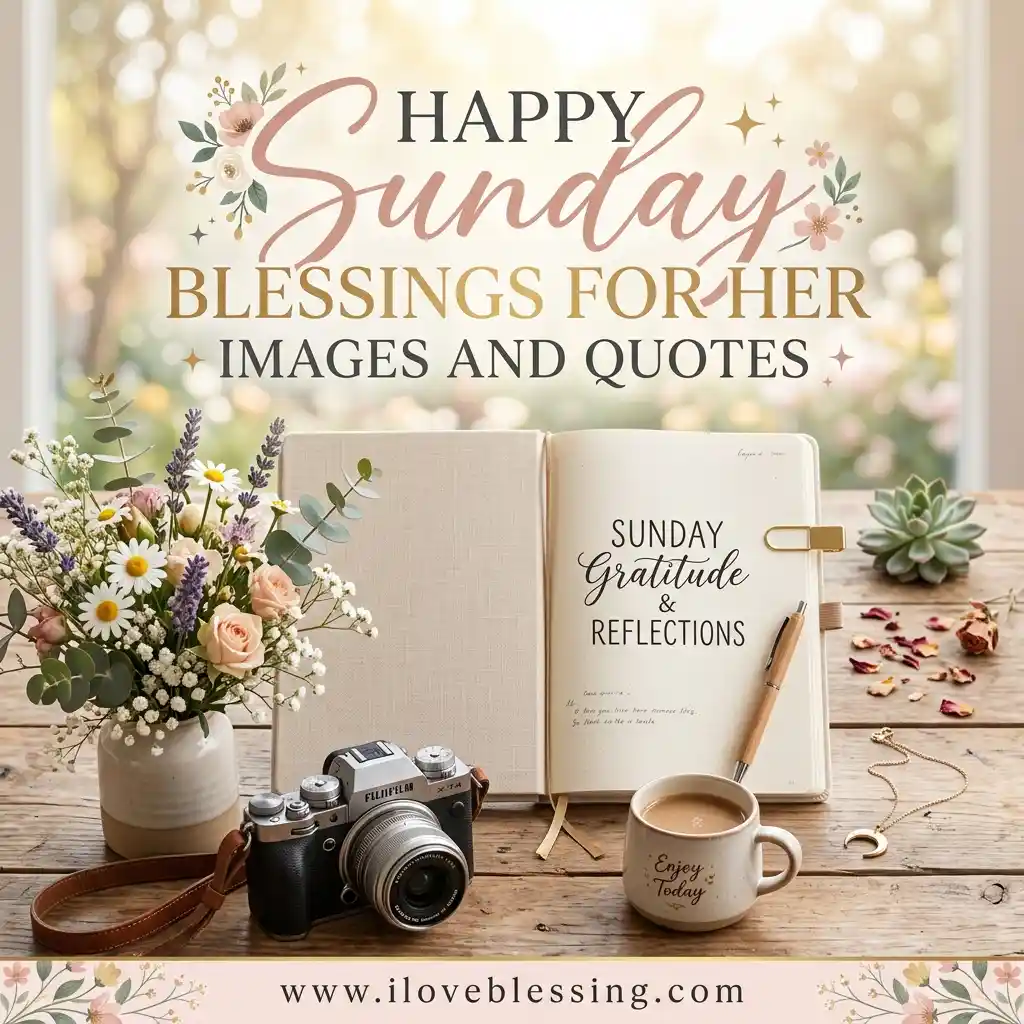A serene Sunday setup with flowers, an open journal reading "Sunday Gratitude & Reflections," a camera, and a coffee mug on a wooden table.