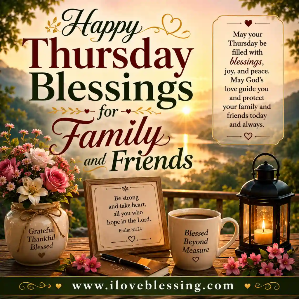 A serene Thursday blessings image with a sunrise over a lake, flowers, a lantern, and inspiring messages for family and friends, conveying warmth and peace.