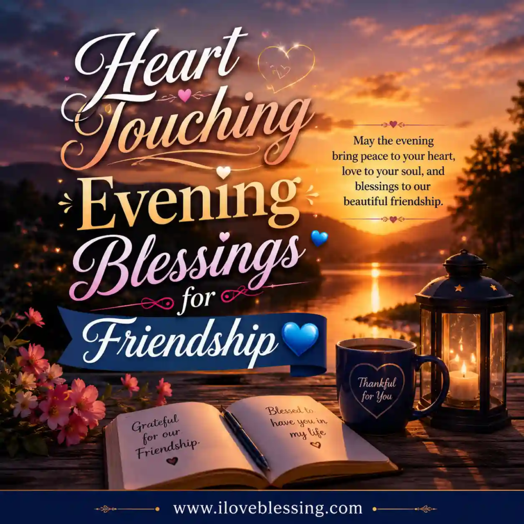 Heartwarming evening friendship blessings with sunset lake, lantern glow, flowers, coffee mug, and elegant blue typography on calm sky at twilight!
