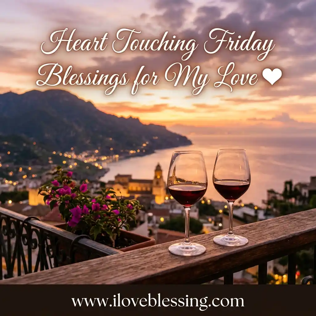 Two glasses of red wine rest on a wooden balcony railing overlooking a coastal European town at sunset, overlaid with text reading "Heart Touching Friday Blessings for My Love."