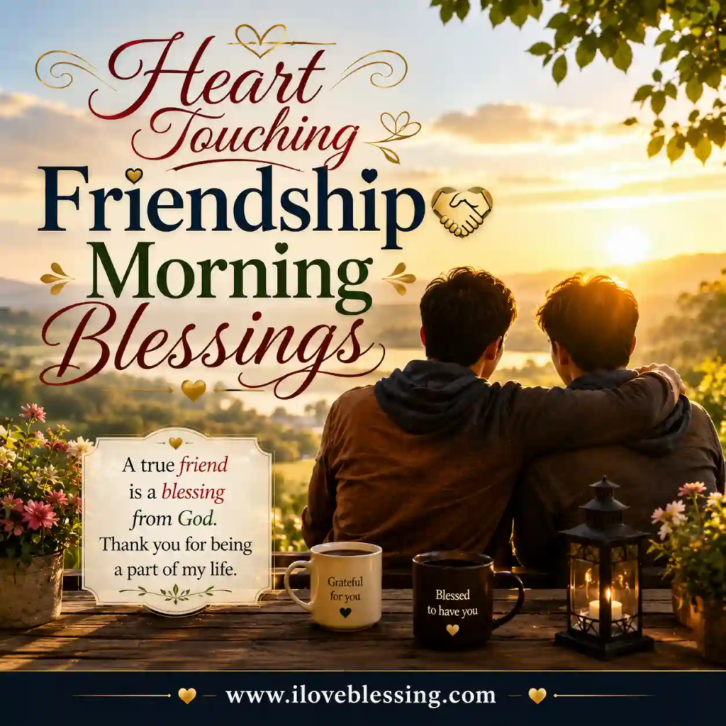 Heart touching friendship morning blessings image with two best friends at sunrise, warm coffee mugs, lantern light, and peaceful nature view.