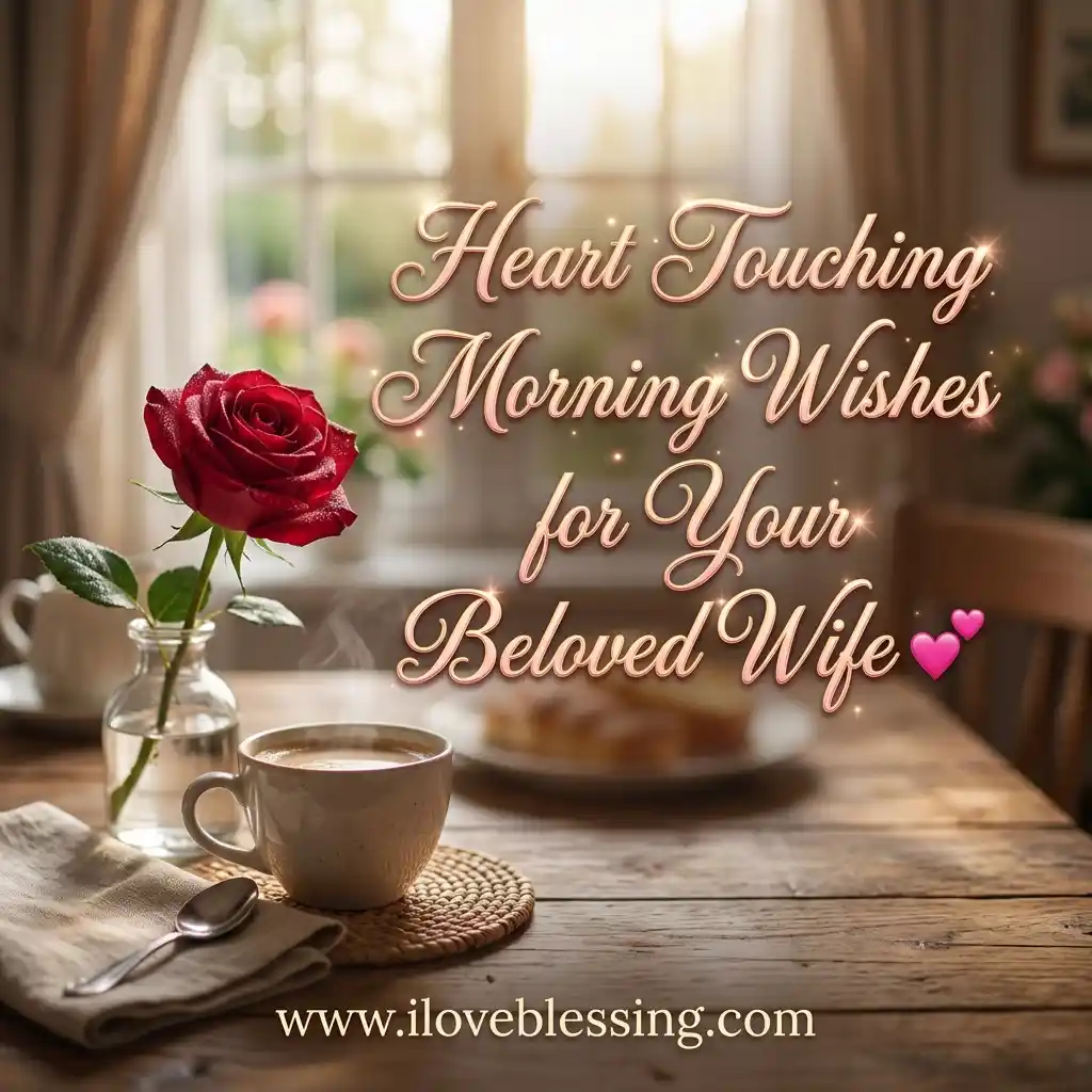 A cozy morning scene with a table holding a cup of coffee, a red rose in a vase, and a text reading "Heart Touching Morning Wishes for Your Beloved Wife" in elegant script, conveying warmth and love.