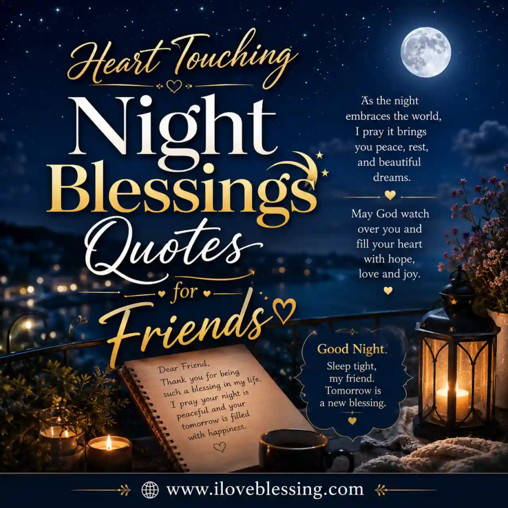 Peaceful night blessings image with glowing lanterns, moonlit sky, cozy candles, and heartfelt quotes for friends with elegant typography design.
