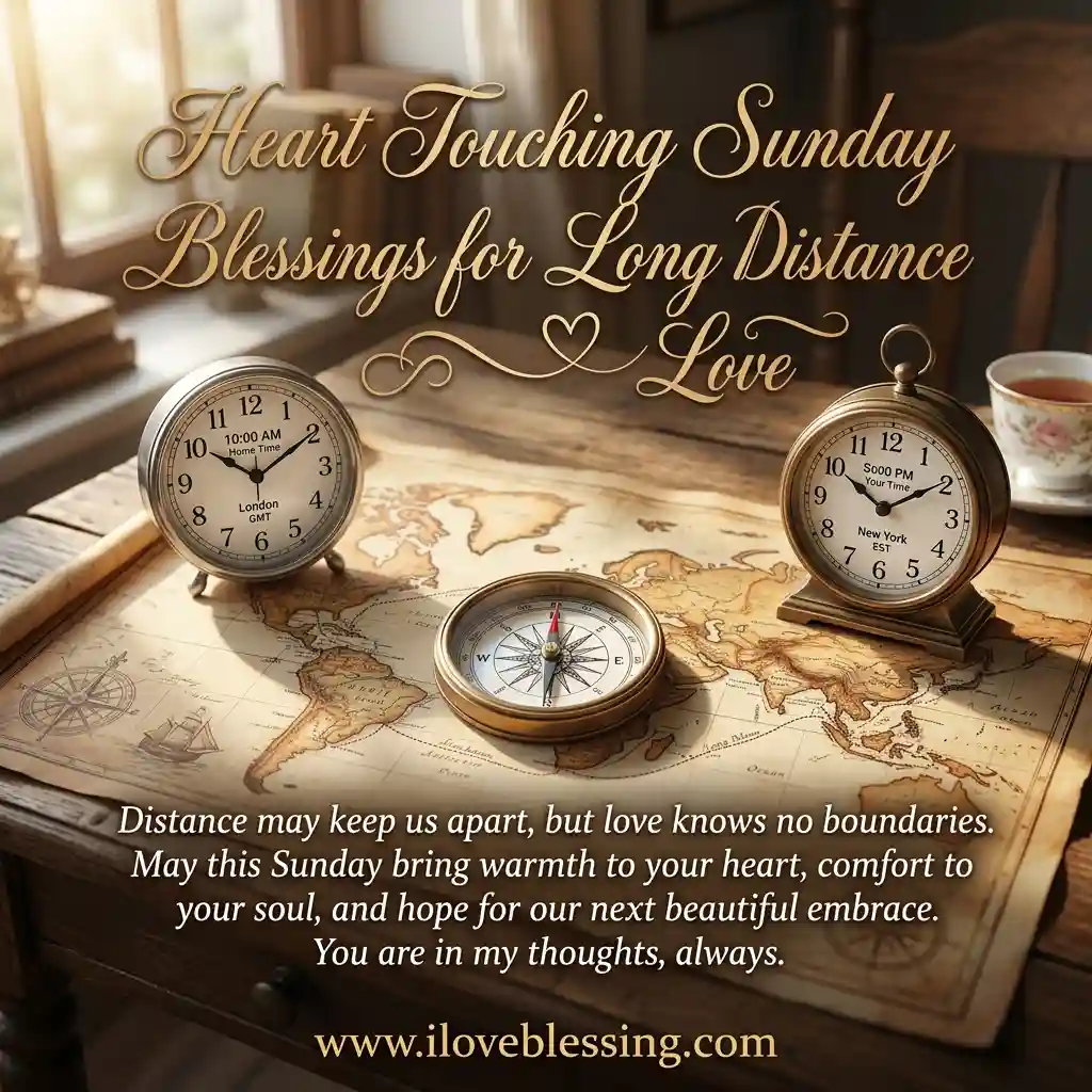 A serene setting with two clocks showing London and New York times, a compass on an old world map, and a warm message about long-distance love.