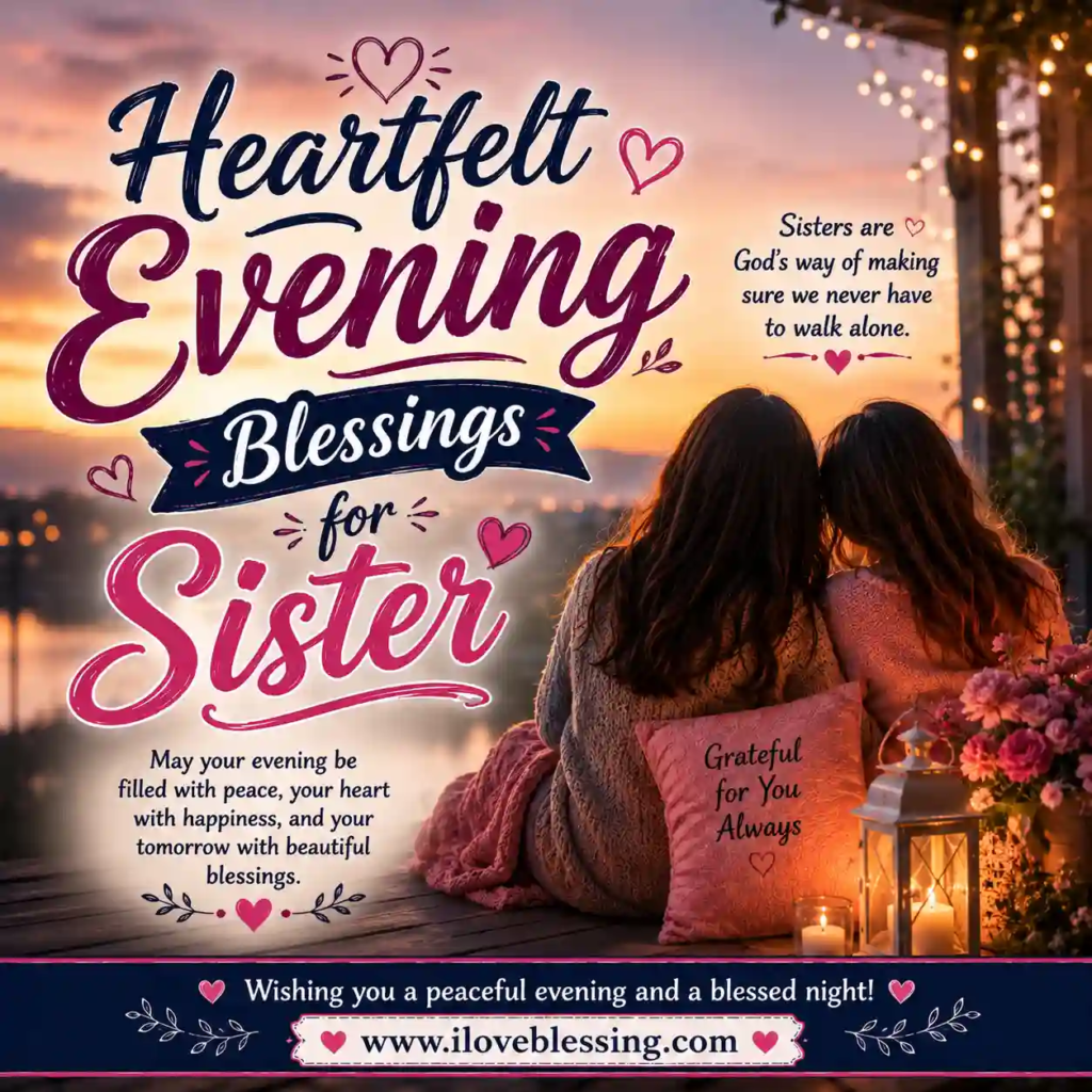 Two sisters enjoying a peaceful sunset with heartfelt evening blessings, glowing lights, flowers, and warm pink typography.