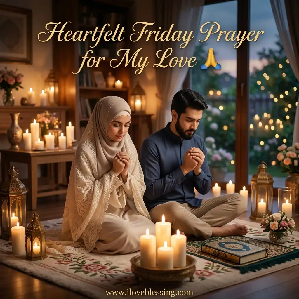 A Muslim couple in modest attire sits on a rug surrounded by many lit candles, praying indoors before a large window with decorative lights visible outside.