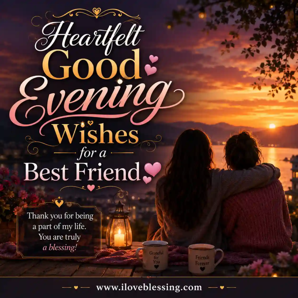 Heartfelt good evening wishes image with best friends at sunset, warm lantern light, cozy friendship vibe, and loving blessing message.