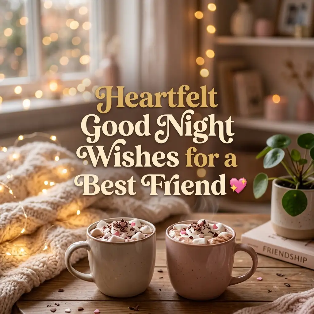 Two mugs of hot chocolate with marshmallows sit on a wooden table next to fairy lights and a small potted plant, overlaid with the text "Heartfelt Good Night Wishes for a Best Friend."