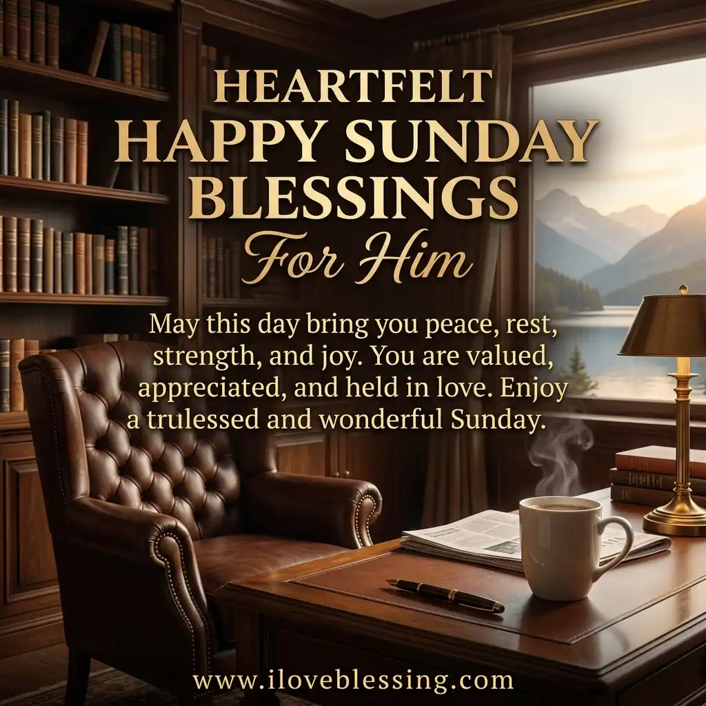 Cozy study with leather chair, wooden desk, bookshelves, and a window view of mountains and lake. Text: Heartfelt Happy Sunday Blessings For Him.
