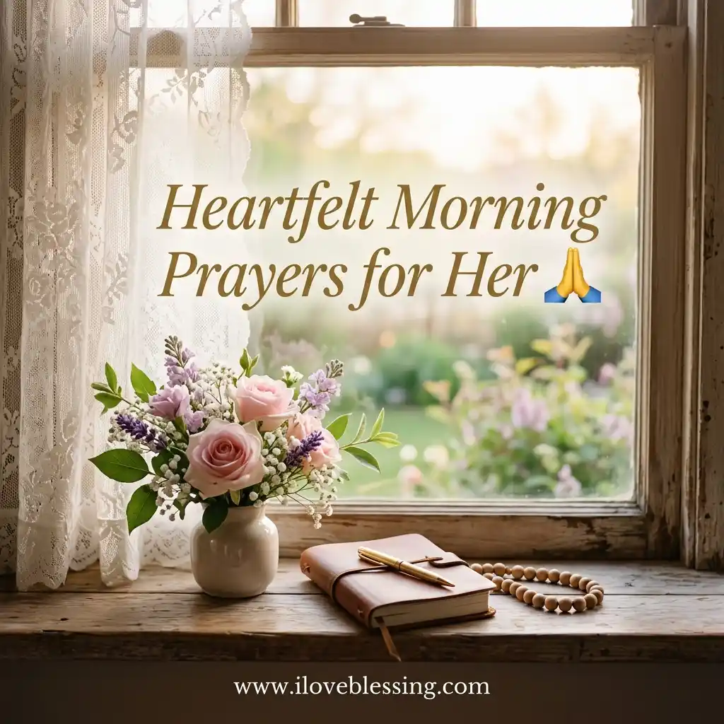 Text overlay reading "Heartfelt Morning Prayers for Her" above a vase of pink roses, a leather journal, and prayer beads on a sunlit wooden windowsill.