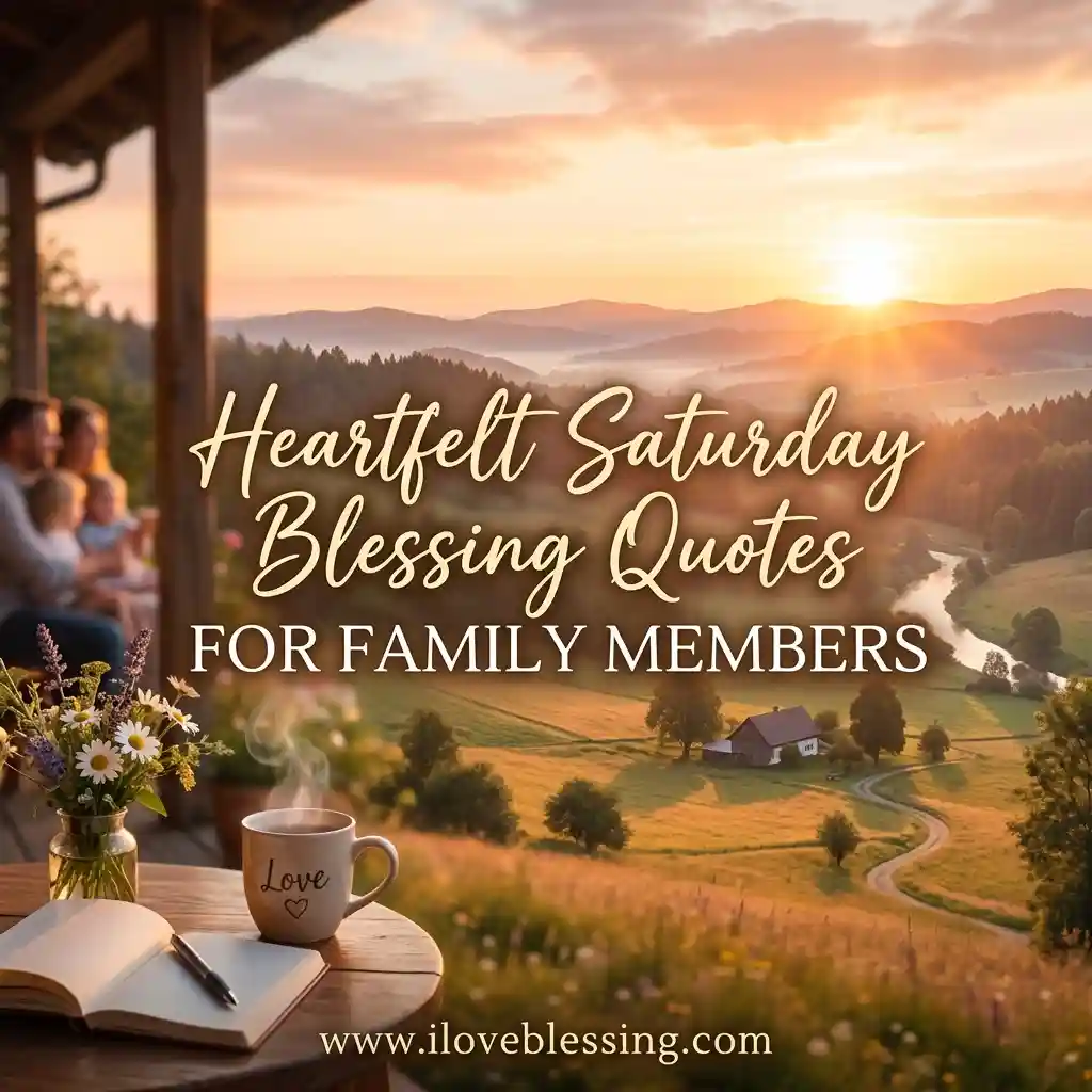 Sunlit rural landscape with a family on a porch, a "Love" mug, and flowers. Text reads: "Heartfelt Saturday Blessing Quotes for Family Members."