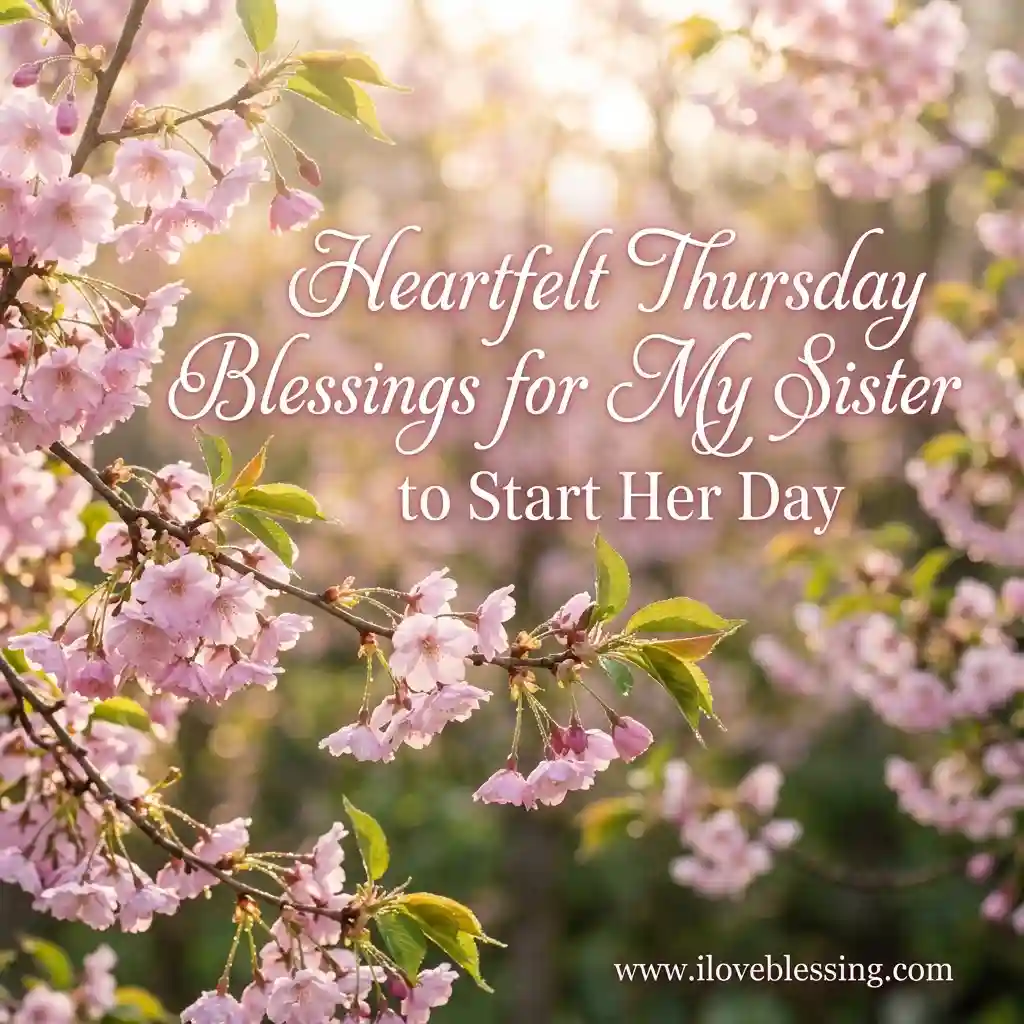 Cherry blossoms in soft focus with sunlight filtering through. Script text reads: "Heartfelt Thursday Blessings for My Sister to Start Her Day." Calm and warm.