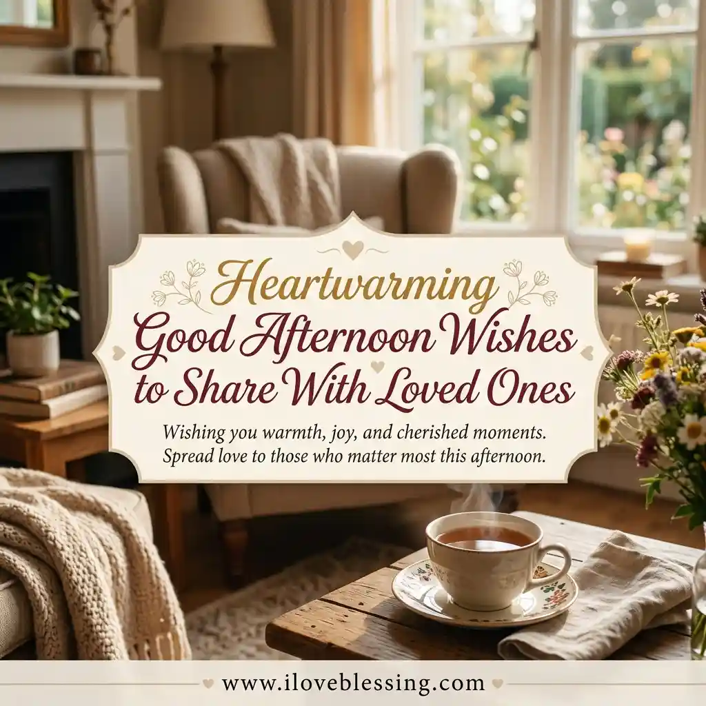 Cozy living room scene with a teacup on a wooden table, flowers, and a knit blanket. Text reads, "Heartwarming Good Afternoon Wishes to Share With Loved Ones."