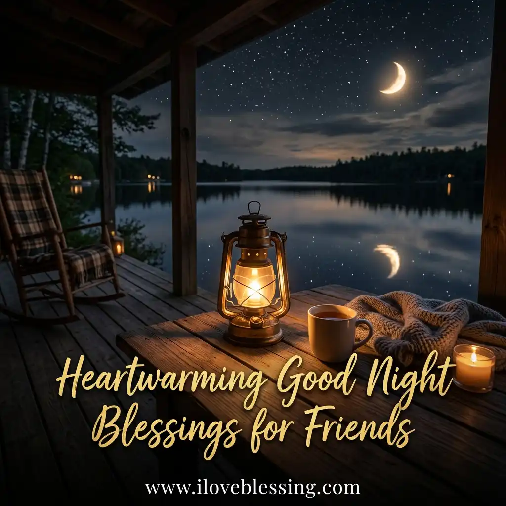 A cozy nighttime porch scene overlooking a dark lake shows a lit lantern, a mug, a candle, and a rocking chair under a starry sky with a crescent moon.