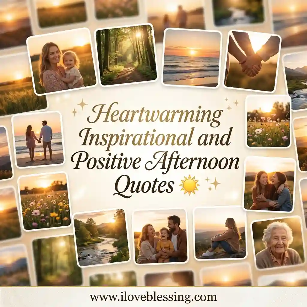 Collage of warm, sunlit scenes with happy people, nature, and sunsets. Central text reads "Heartwarming Inspirational and Positive Afternoon Quotes."