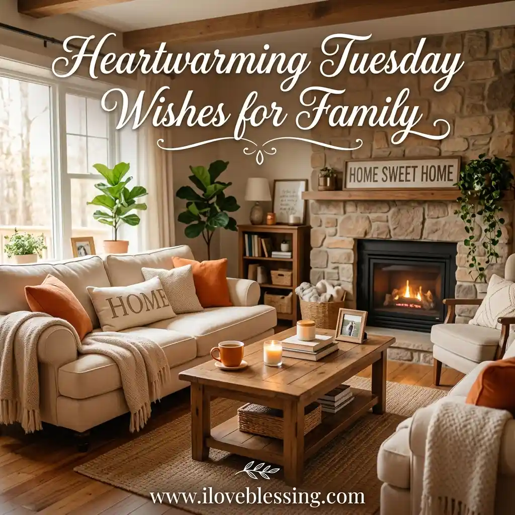 Cozy living room with a lit fireplace and plush sofas adorned with pillows. "Heartwarming Tuesday Wishes for Family" text above; a warm, inviting space.